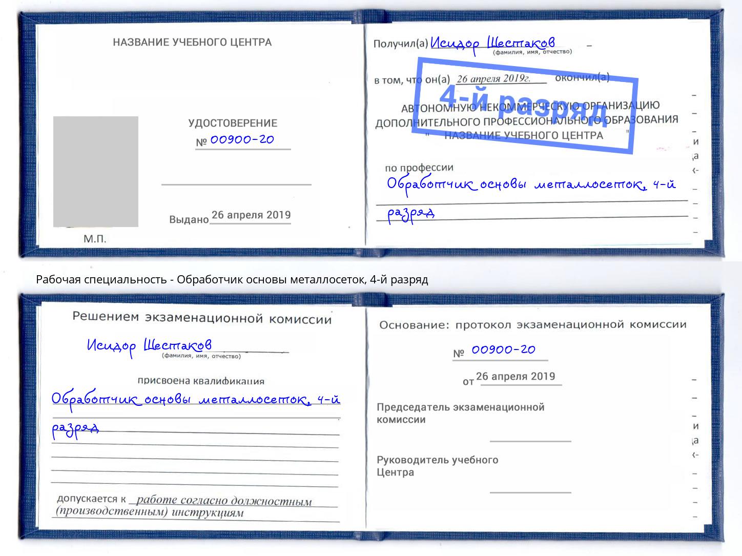 корочка 4-й разряд Обработчик основы металлосеток Сатка