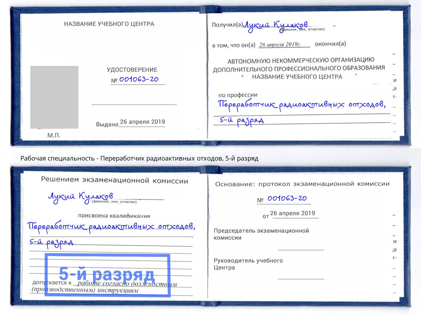 корочка 5-й разряд Переработчик радиоактивных отходов Сатка