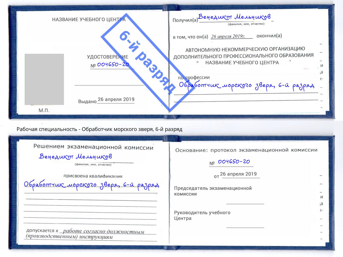 корочка 6-й разряд Обработчик морского зверя Сатка