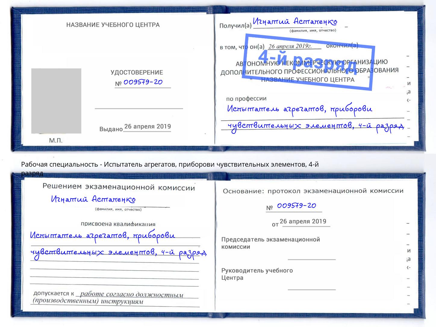 корочка 4-й разряд Испытатель агрегатов, приборови чувствительных элементов Сатка
