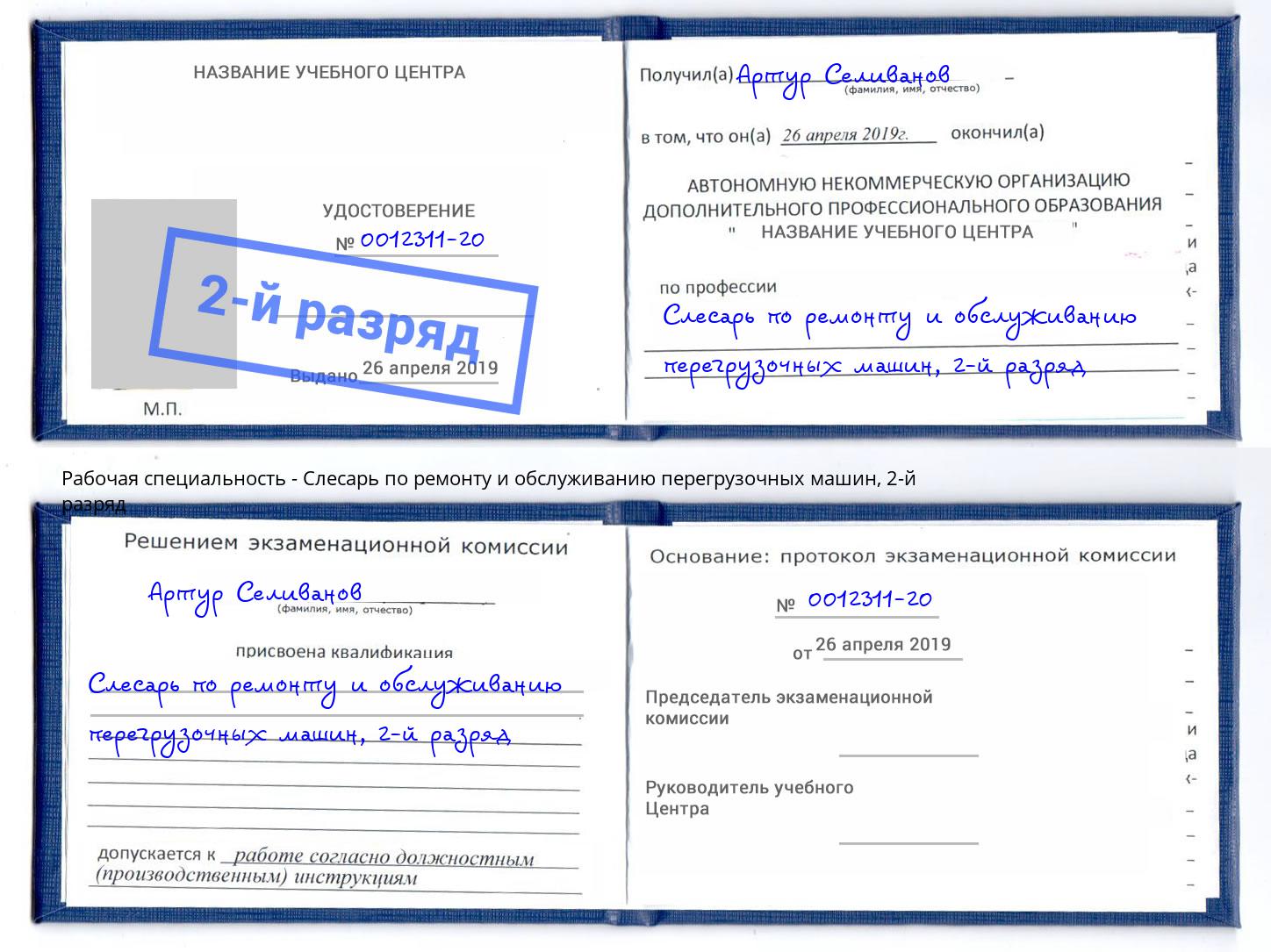 корочка 2-й разряд Слесарь по ремонту и обслуживанию перегрузочных машин Сатка