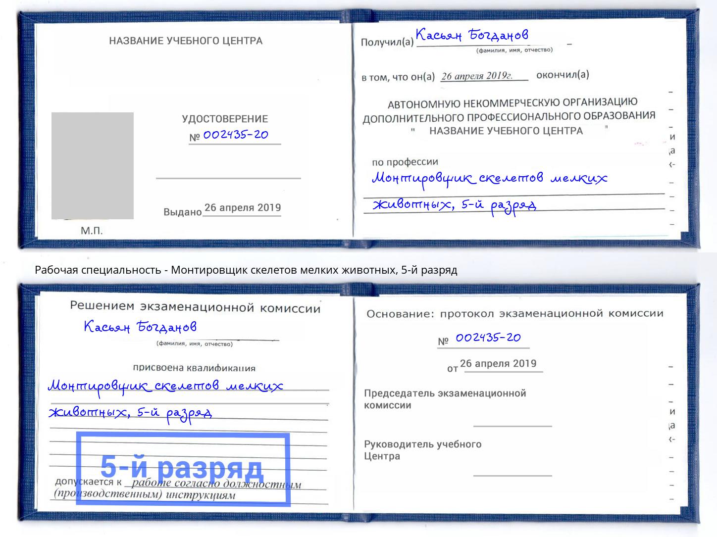 корочка 5-й разряд Монтировщик скелетов мелких животных Сатка