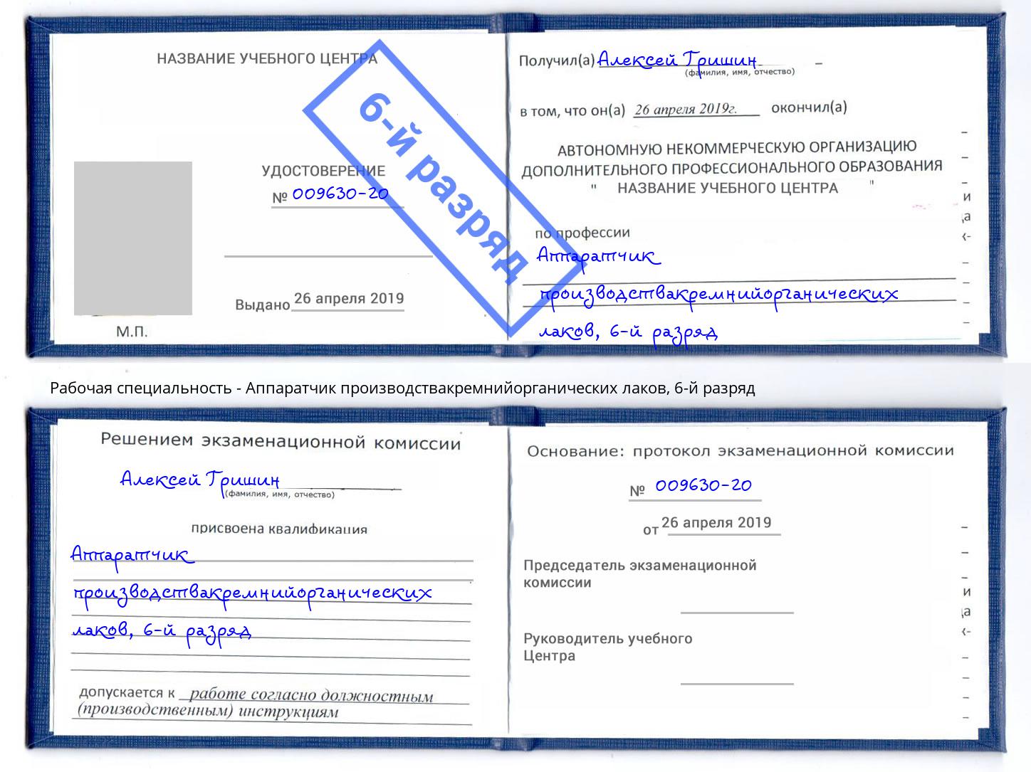 корочка 6-й разряд Аппаратчик производствакремнийорганических лаков Сатка