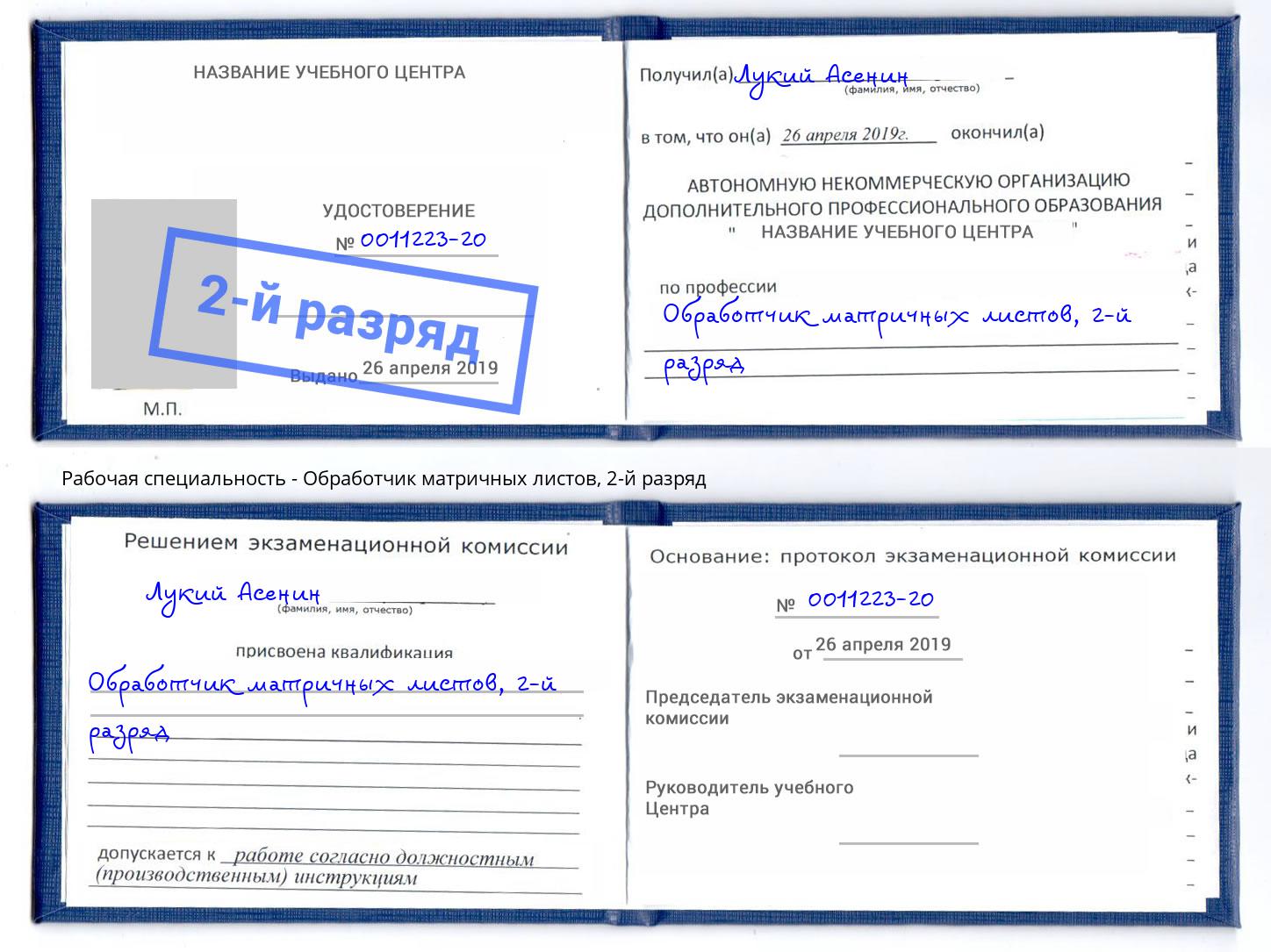 корочка 2-й разряд Обработчик матричных листов Сатка